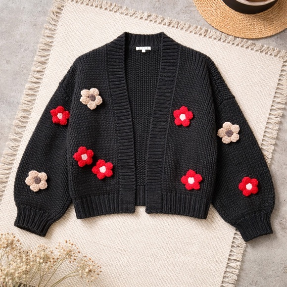 Icee Sweaters - Floral Embellished Black Cardigan